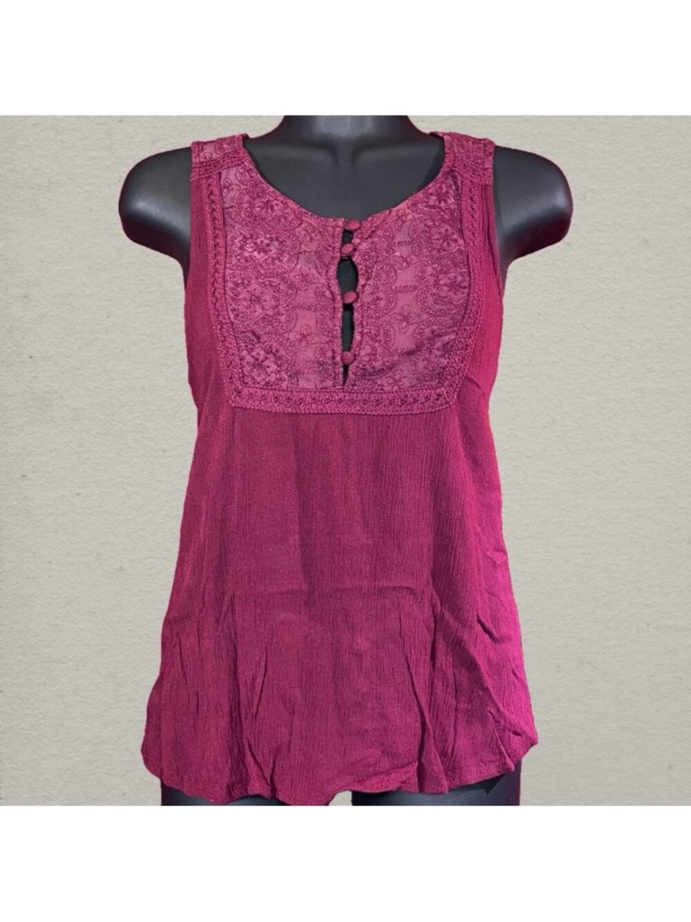 MINE Eggplant Purple Sleeveless Blouse with Lacey Mesh Embroidered Inlay